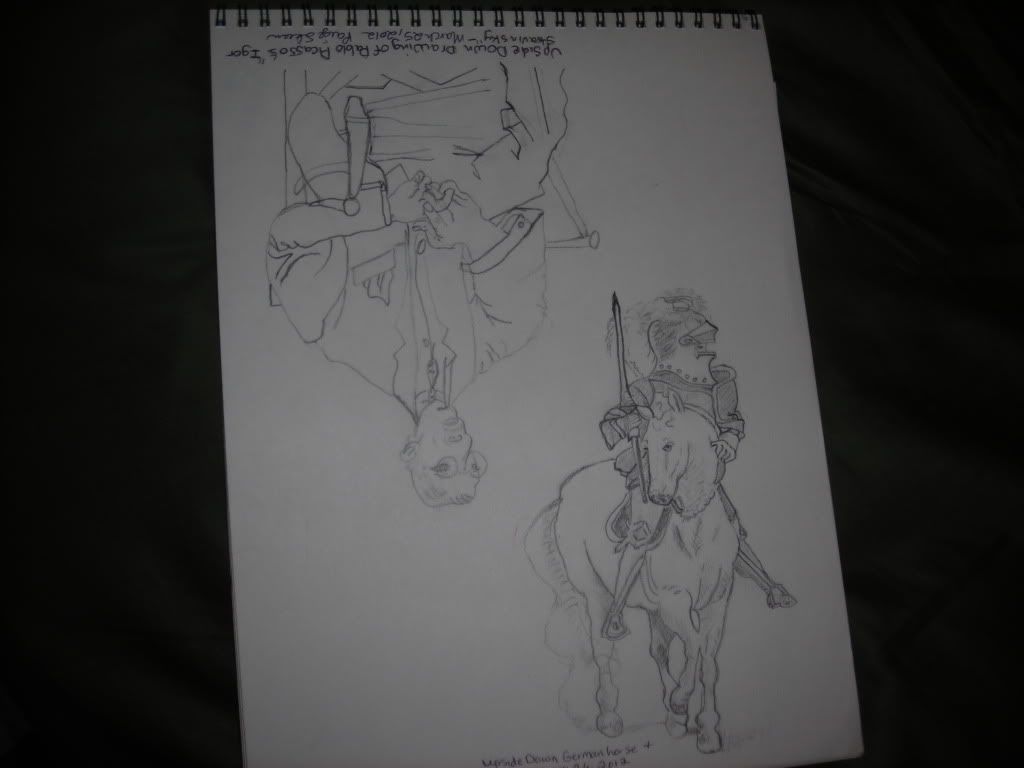 Drawing from the left side of my brain, Drawing upside down of German horse and rider