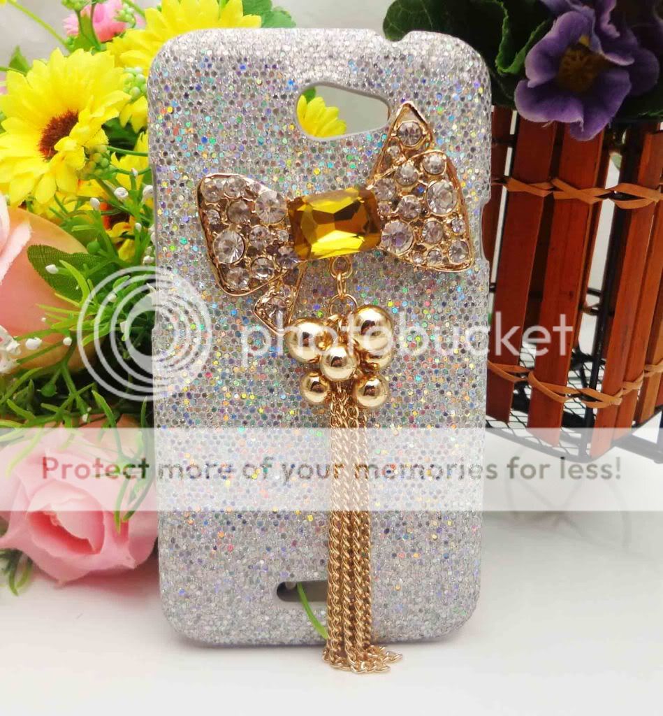 HTC5 Bling Shiny Deluxe Shiny Bow White Blingy Case Cover for HTC One x New